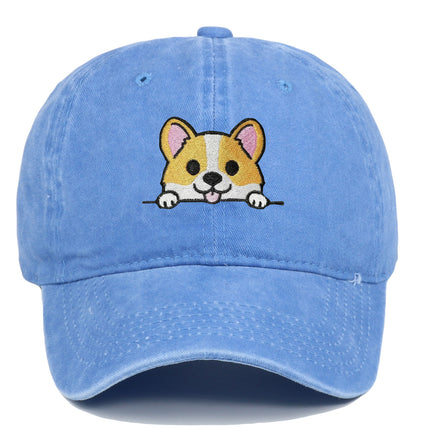 Corgi Embroidered Baseball Fashionable Washed Sports Cap