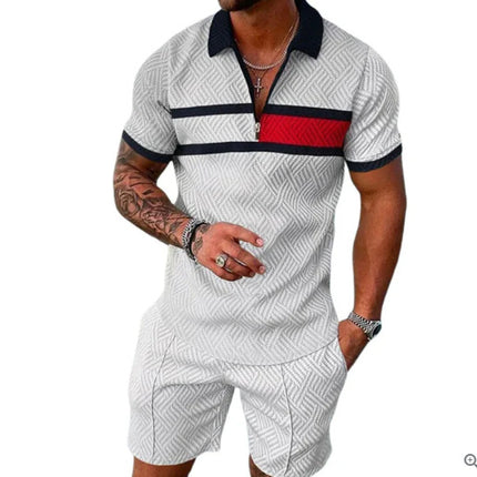 Men's Summer Fashion 3D Printed Short Sleeve Geometric Zip Lapel Shirt Set
