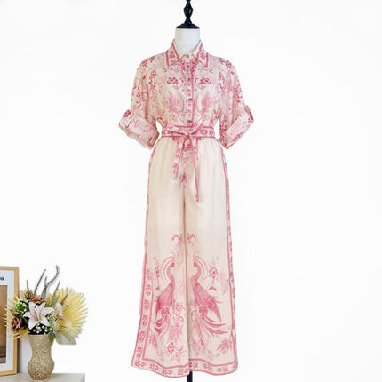 Australian Niche Printing Lapel Rolled Sleeves Shirt Wide Leg Trousers Suit