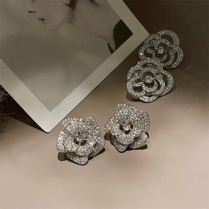 Camellia Ear Studs Wind Micro Inlaid Zircon High Sense Hollow Out Rose Simple And Elegant Earrings