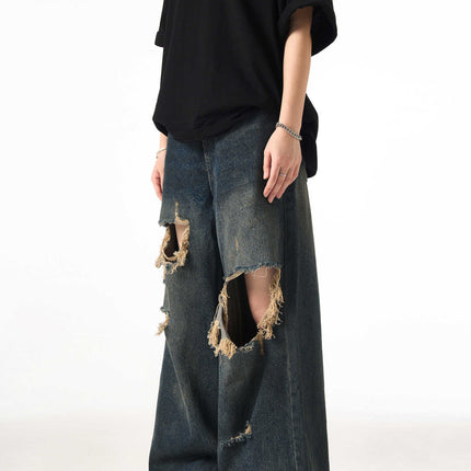 Couple Hole Worn Jeans Wide-leg Pants