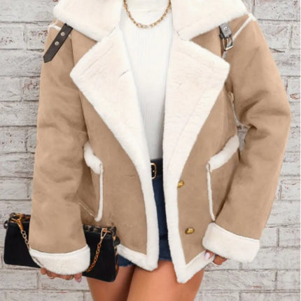 Lapel Plush Jacket, Winter Warm Casual Outwear, Women's Clothing