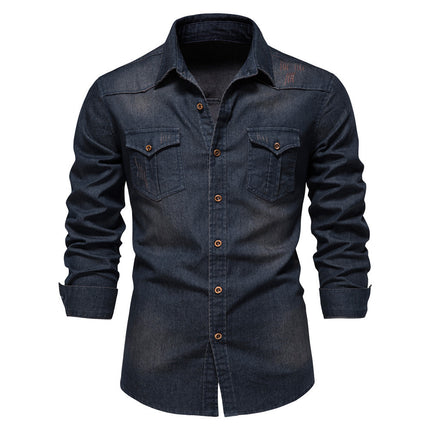 Men's Long-sleeved Denim Shirt Casual Solid Button Slim Tops Clothing