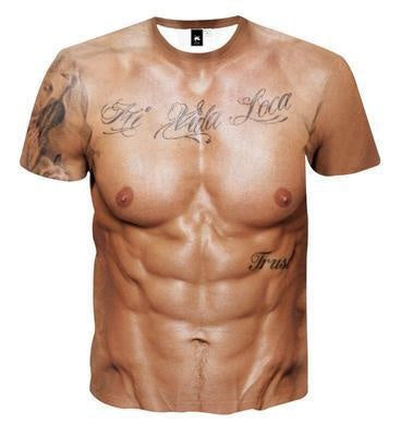 Muscle Tattoo Print 3D T-Shirt Round Neck Funy Sexy Clothing For Men