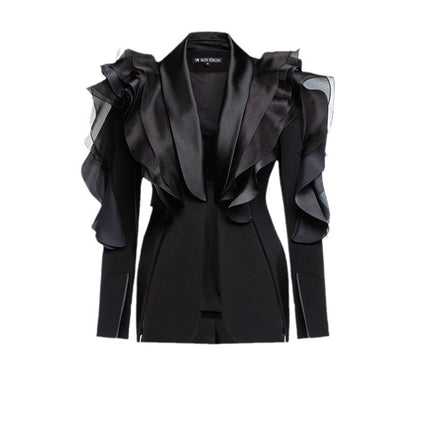 Black Three-dimensional Patchwork Ruffled Suit Asymmetric Slim Fit Slimming