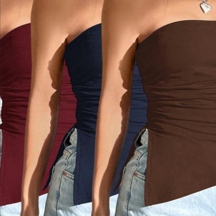 3pcs Women Solid Color Ruched Side Slit Hem Bandeau Cami Top