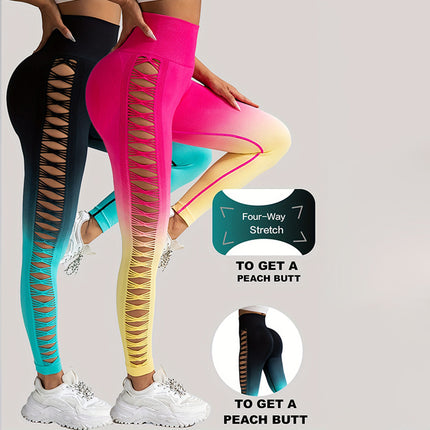 2 Pack Cut Out Ombre Gradient Color Hollow High-waist Butt-lifting Fitness Women's Yoga Pants, Women's High Waist Yoga Pants Cutout Ripped Super Soft And Comfortable Skinny