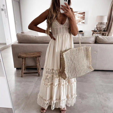 Women's Casual Lace Panel Sleeveless Long Dress