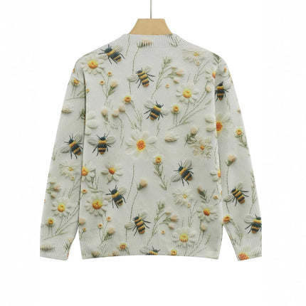 Women's Knitted Sweater Sweater Round Neck Printed Bee Flower Top