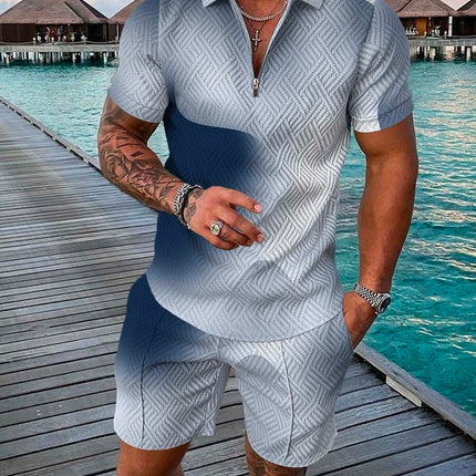 Men's Summer Fashion 3D Printed Short Sleeve Geometric Zip Lapel Shirt Set