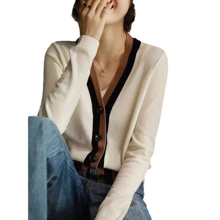 Color-block V Neck Cardigan Knitted Women's Long-sleeved Sweater Outer Tops
