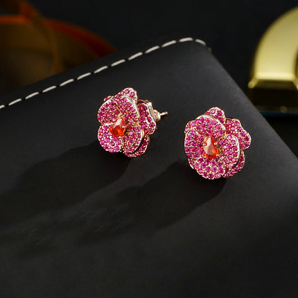 Rose Peach Heart Earplug Classic Style Stud Earrings Luxury Three-dimensional Camellia Fine Zircon-embedded Earrings