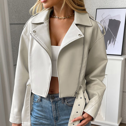 Women's Large Lapel Faux Leather Short Jacket Lady Fashion Motorcycle PU Leather Coat Casual Overcoat With Belt