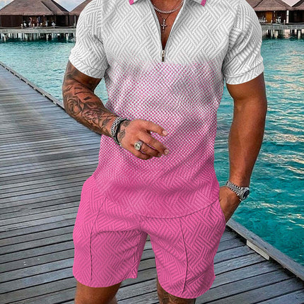 Men's Summer Fashion 3D Printed Short Sleeve Geometric Zip Lapel Shirt Set