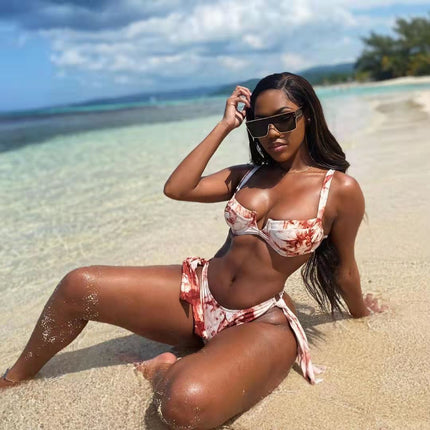 Tie-dyed Bikini Split Swimsuit Tied V-neck Underwire Swimsuit