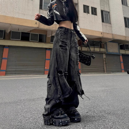 High Street Distressed Cargo Jeans Wide Leg Trousers