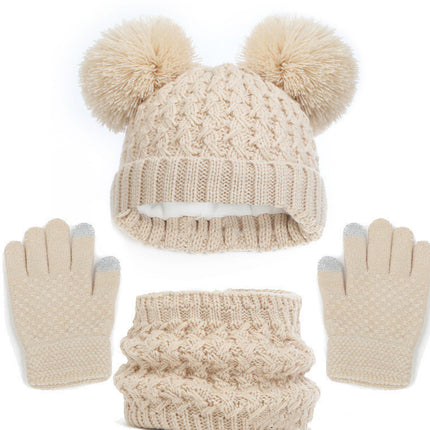 Children's Autumn And Winter Fleece-lined Thickened Double Ball Hat Scarf Gloves Three-piece Set