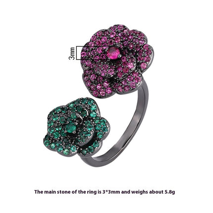 Ornament Copper Sole Golden Plate Red Corundum Black Gold Flowers Personality Female Ring