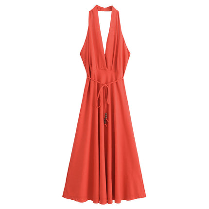 Backless Linen Midi Skirt Dress