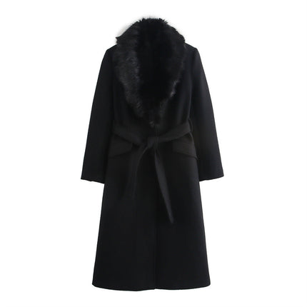 Women's Fashion Lace-up Fur Collar Woolen Coat