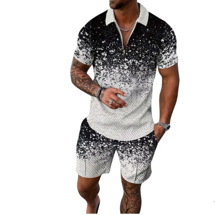 Men's Summer Fashion 3D Printed Short Sleeve Geometric Zip Lapel Shirt Set