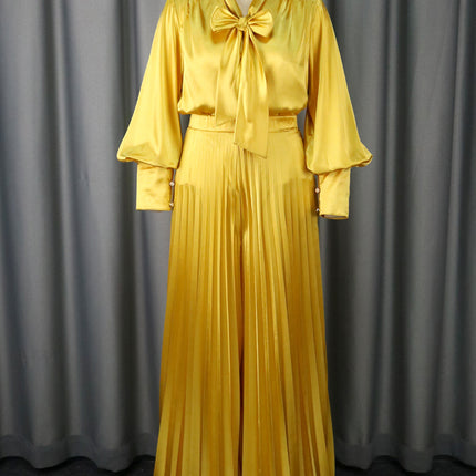 Sexy V-neck Bow Long Sleeve Top Elegant Pleated Wide Leg Trousers Suit