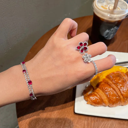 Colorful Bright Crimson Gemstone Flower Grape Purple Zircon Shining Diamond Flower Ring