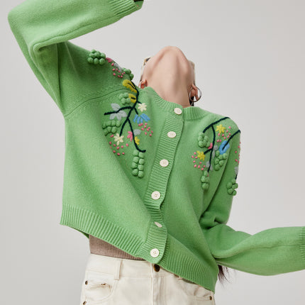 Green Handmade Three-dimensional Embroidered Round Neck Knitted Cardigan For Women