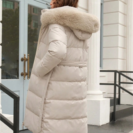 Anewsta Women's Solid Color Long Sleeve Zip Up Hooded Padded Coat With Faux Fur Trim