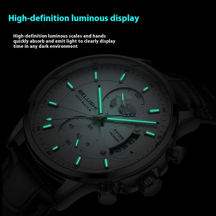 Business Three-eye Timing Leather Luminous Watch Steel Band