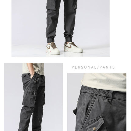 Casual Pants Trendy Brand Elastic Waist Men's Youth Simple Pure Cotton Multi-pocket Work Pants Trousers Ankle-tied