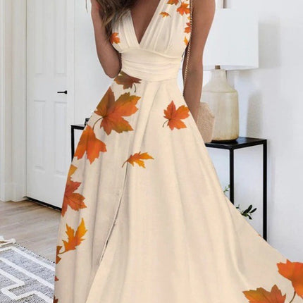 Printed V-neck Loose Plain Elegant Dress