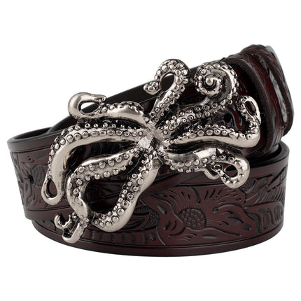 Animal Octopus Smooth Buckle Tang Grass Embossed Leisure Belt
