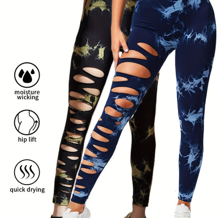 2 Pack Hollow Sexy High Elastic Women's Tie Dye Cutout Tights High Waist Workout Yoga Leggings, Scrunch Butt Lifting Elastic Pants, Tummy Control Butt Lifting Workout Yoga Athletic Pants