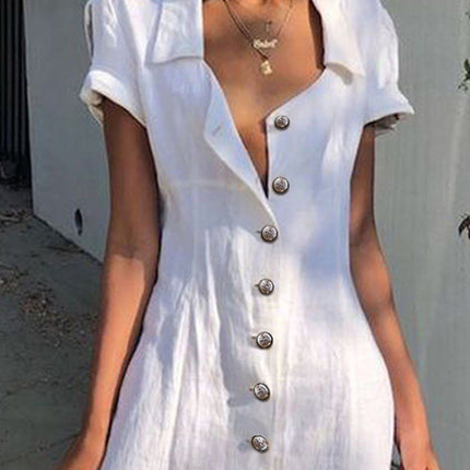 White Short Sleeve Lapel Slim-fit Cardigan Midi Dress