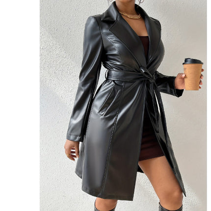 PU Long Sleeve Women's Slim Fit Long Trench Coat