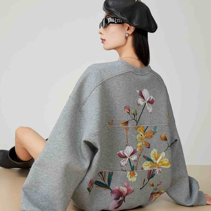 Gray Printing Crew Neck Pullover Sweatshirt