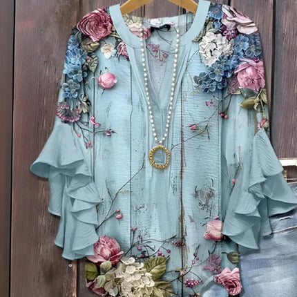 Women's Creative Printing Casual V-neck Lotus Sleeve T-shirt