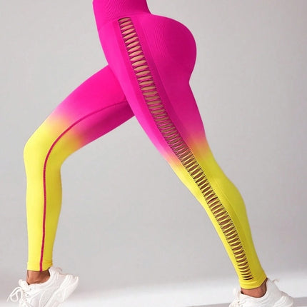 Women's High-Waisted Gradient Yoga Pants, Cutout Leggings, Booty Lifting, Athletic Long Tights For Fitness Workout, Breathable Sportswear