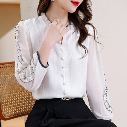 Women's Sleeved Acetate Jacquard Top With Wooden Ear Collar Plate