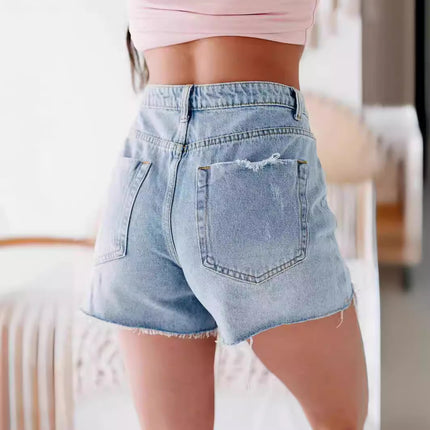 Fashion Casual Ordinary Water Washed Hole Raw Edge Denim Shorts