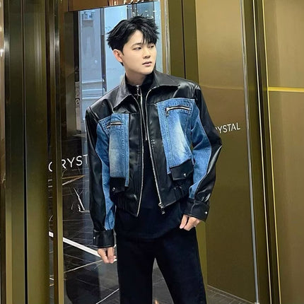 High-grade Stitching PU Leather Coat Cross-border Denim Coat