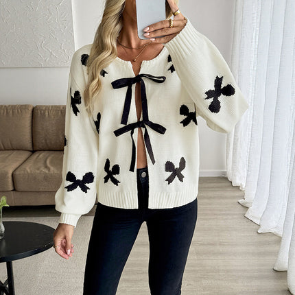 Lace-up Bow Pattern Women's Sweater Cardigan