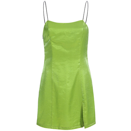 Sexy satin avocado-colored suspender dress