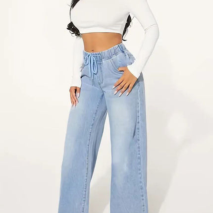 High Waist Drawstring Loose Wide Leg Light Blue Jeans