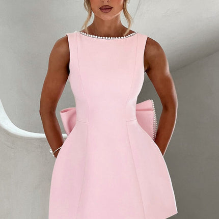 Fashion Big-Bowed Pearls Backless Dress Summer Slim Sleeveless A-line Dresses For Party Evening Women's Clothing
