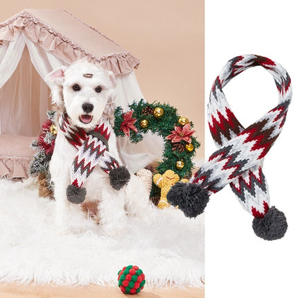 Christmas Pet Scarf Contrast Color Striped Red Snowflake Fur Ball Warm And Comfortable