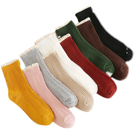 Sweat-absorbent Breathable Preppy Style Lace Mid-calf Socks