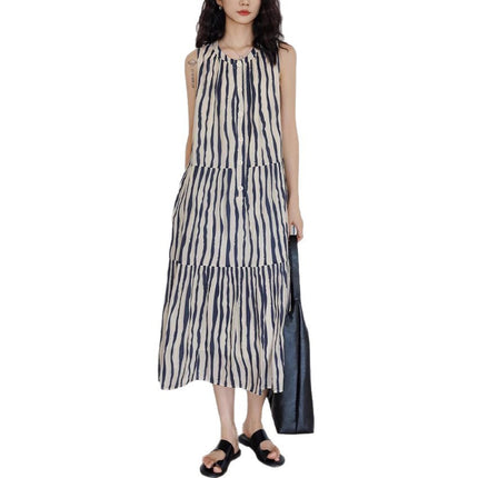 Round Neck Loose Stripe A- Word Vacation Style Midi Dress