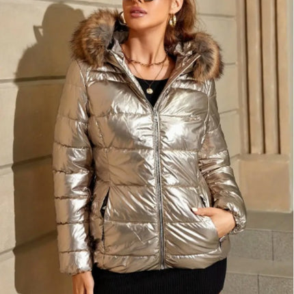 Women's Winter Ultralight Padded Jacket With Hooded Fur Collar Detachable Concealed Zipper Pocket Quilted Padded Jacket